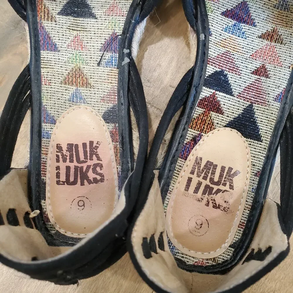 MUK LUKS Espadrille Sandal Shoes Sz 9 Southwestern SlipOn Open Toe Aztec Leather